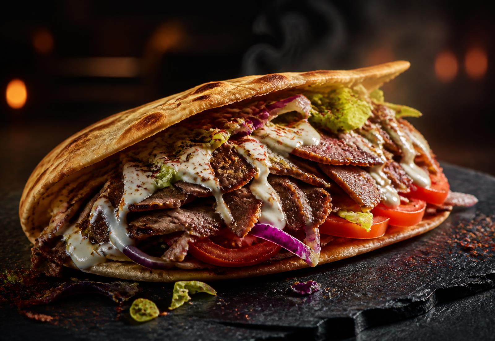 Frisch zubereiteter Döner Kebab im Fladenbrot bei Mira Döner in Fulda